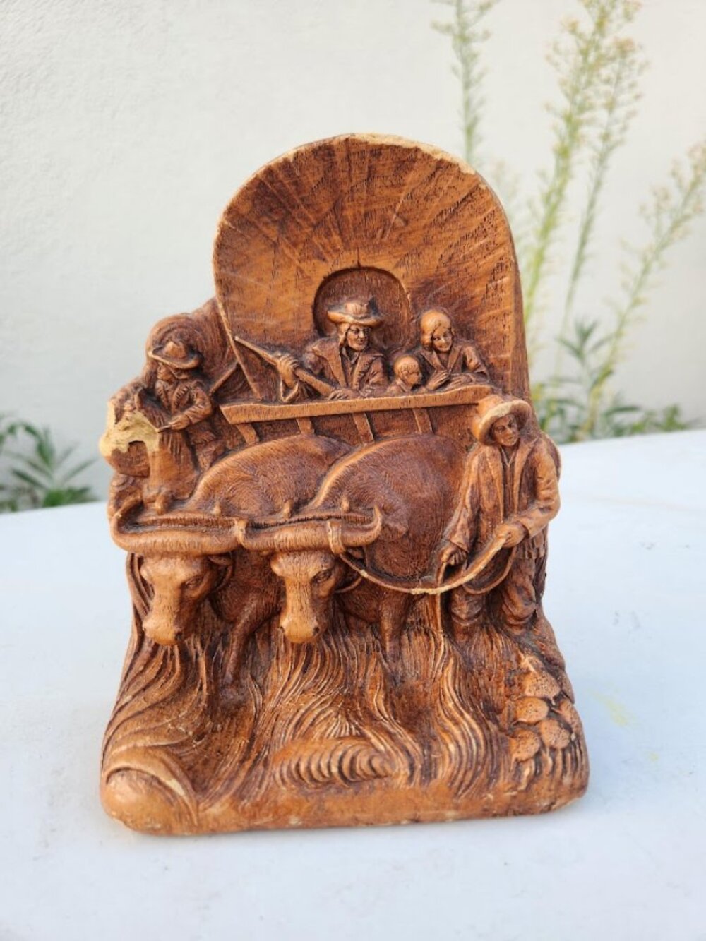 Vintage Pioneer Covered Wagon Oxen Settlers Americana 20th Century Bookend Old W